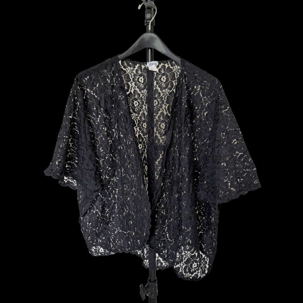 90's Ventura Black Floral Lace Kimono Cardigan Open Front Whimsygoth Hem Size 1X